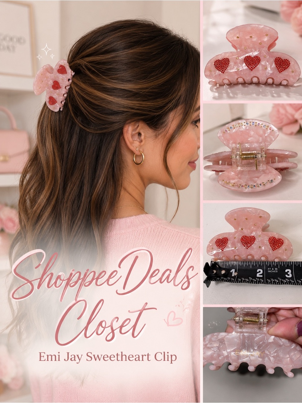 Emi Jay Sweetheart Clip Pink Marble Red Rhinestone Hearts Hair Claw